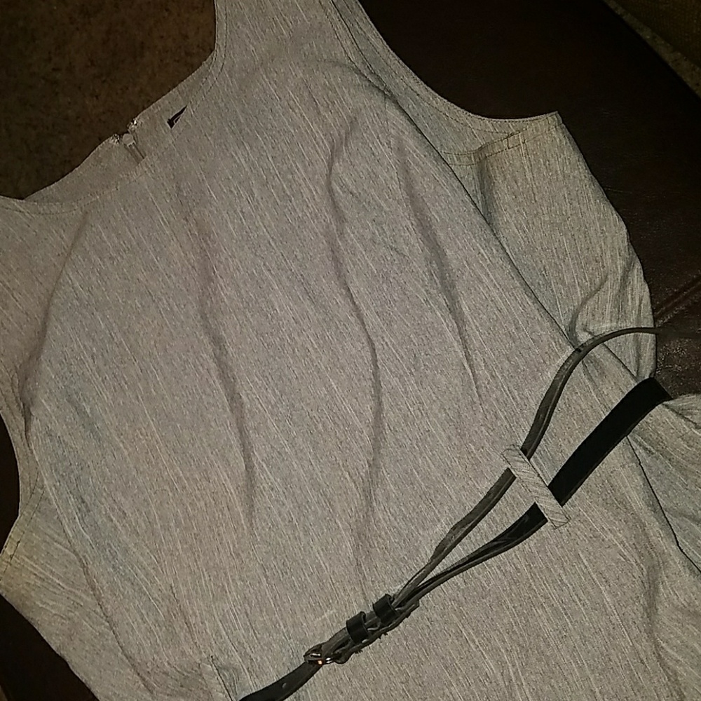 Grey dress, with black belt and perfect for work